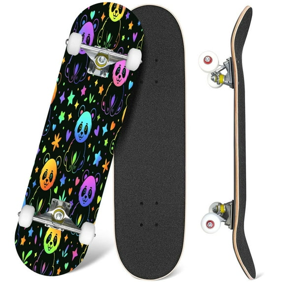 31'' Complete Skateboard 7 Layer Canadian Maple Double Kick Deck Skateboards Pandas Bright colorful rainbow panda for textile print Skate Board for Beginner Adult Gifts