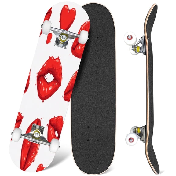 31'' Complete Skateboard 7 Layer Canadian Maple Double Kick Deck Skateboards Print marks female red lips heart love red lips kiss Skate Board for Beginner Adult Gifts