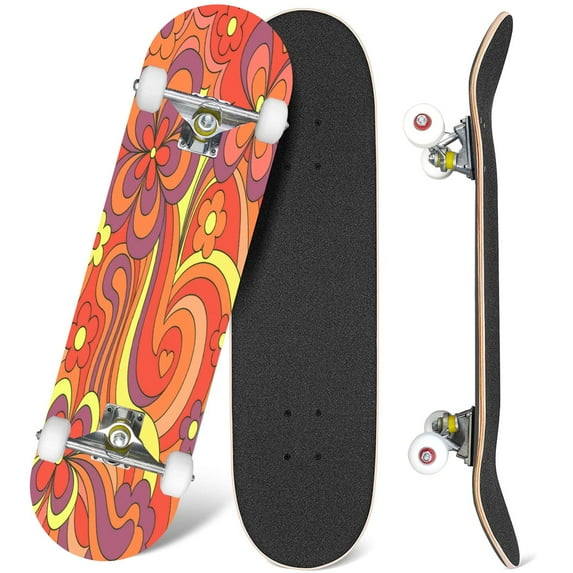 31'' Complete Skateboard 7 Layer Canadian Maple Double Kick Deck Skateboards Psychedelic Vintage Colors Shapes Floral Hippie Skate Board for Beginner Adult Gifts
