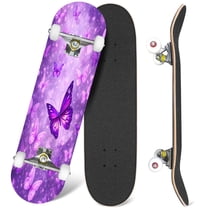 31'' Complete Skateboard 7 Layer Canadian Maple Double Kick Deck Skateboards Purple butterfly Skate Board for Beginner Adult Gifts
