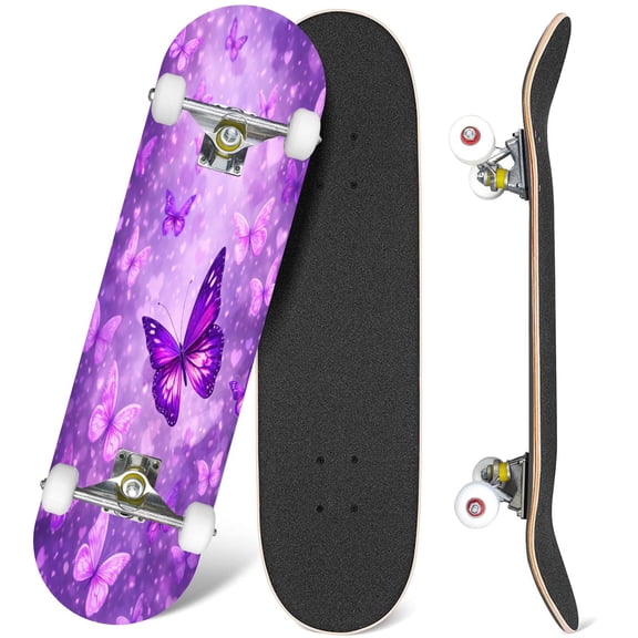 31'' Complete Skateboard 7 Layer Canadian Maple Double Kick Deck Skateboards Purple butterfly Skate Board for Beginner Adult Gifts