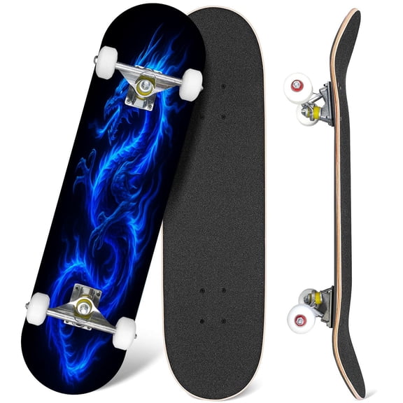 31'' Complete Skateboard 7 Layer Canadian Maple Double Kick Deck Skateboards Raster version Blue Fire Chinese Dragon Symbol Skate Board for Beginner Adult Gifts