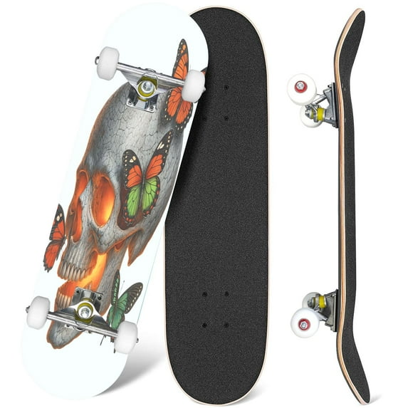 31'' Complete Skateboard 7 Layer Canadian Maple Double Kick Deck Skateboards Realistic drawing human skull Color burning ash skull butterflies Skate Board for Beginner Adult Gifts