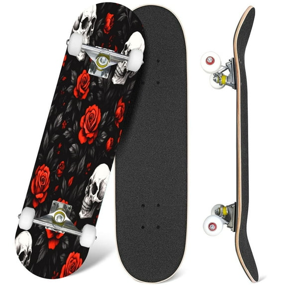 31'' Complete Skateboard 7 Layer Canadian Maple Double Kick Deck Skateboards Red Floral Halloween Scary Gothic Dark Skulls Roses Feathers Leaves Skate Board for Beginner Adult Gifts
