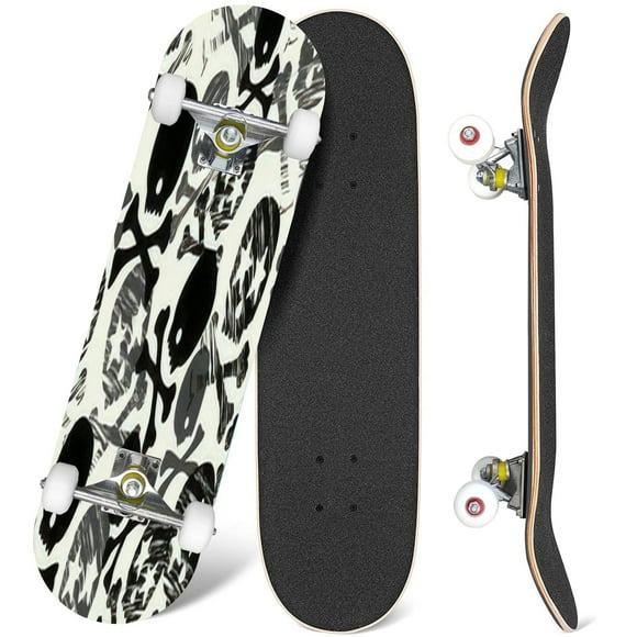 31'' Complete Skateboard 7 Layer Canadian Maple Double Kick Deck Skateboards Seamless Black White Cream Star Skull Print Repeating Skate Board for Beginner Adult