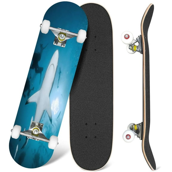 31'' Complete Skateboard 7 Layer Canadian Maple Double Kick Deck Skateboards Shark Bait Skate Board for Beginner Adult
