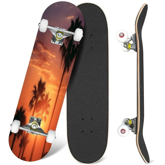 31'' Complete Skateboard 7 Layer Canadian Maple Double Kick Deck Skateboards Silhouetted Palm Trees Sunset Southern California Skate Board for Beginner Adult Gifts