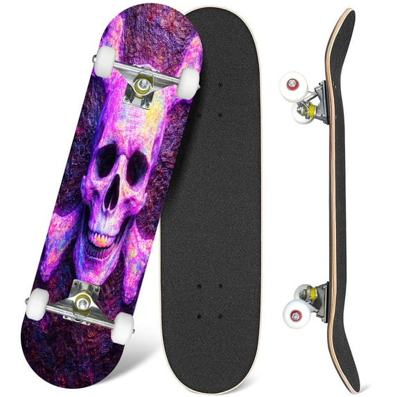 31'' Complete Skateboard 7 Layer Canadian Maple Double Kick Deck Skateboards Skull colored chaotic creative Abstract texture Cool Skate Board for Beginner Adult Gifts