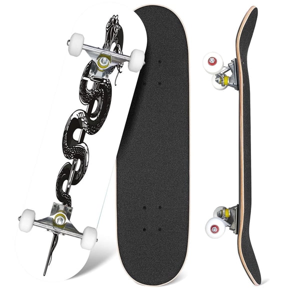 31'' Complete Skateboard 7 Layer Canadian Maple Double Kick Deck Skateboards Snake dagger white Skate Board for Beginner Adult Gifts