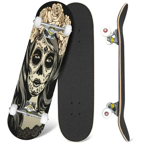 31'' Complete Skateboard 7 Layer Canadian Maple Double Kick Deck Skateboards Sugar skull girl Skate Board for Beginner Adult Gifts