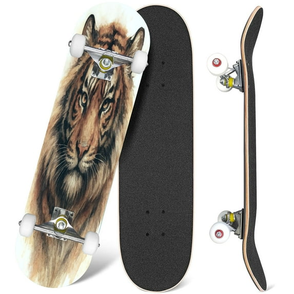 31'' Complete Skateboard 7 Layer Canadian Maple Double Kick Deck Skateboards Tiger watercolor painting Skate Board for Beginner Adult Gifts