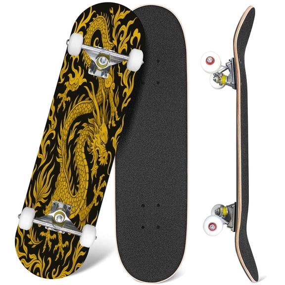 31'' Complete Skateboard 7 Layer Canadian Maple Double Kick Deck Skateboards Traditional Chinese cloud black Skate Board for Beginner Adult Gifts