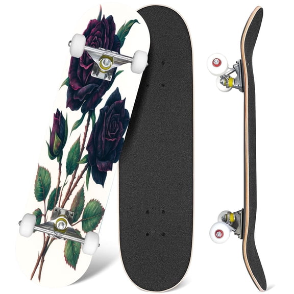 31'' Complete Skateboard 7 Layer Canadian Maple Double Kick Deck Skateboards Watercolor Bouquet Black Roses Skate Board for Beginner Adult Gifts
