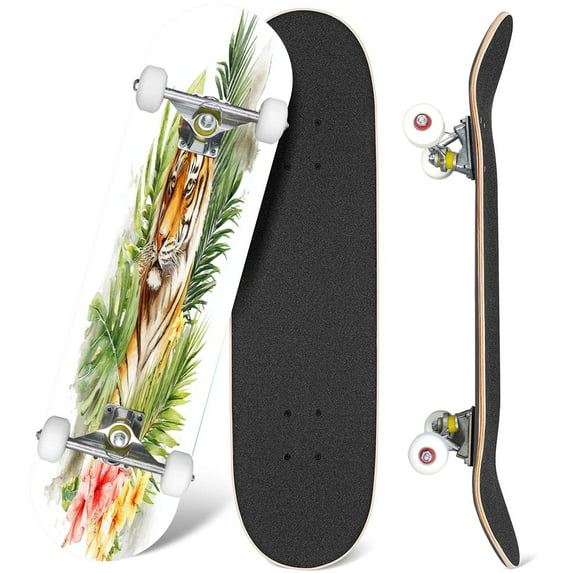 31'' Complete Skateboard 7 Layer Canadian Maple Double Kick Deck Skateboards Watercolor beautiful tiger sneaks jungle surrounded by flowers Skate Board for Beginner Adult Gifts