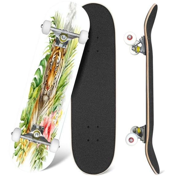 31'' Complete Skateboard 7 Layer Canadian Maple Double Kick Deck Skateboards Watercolor beautiful tiger sneaks jungle surrounded by flowers Skate Board for Beginner Adult Gifts
