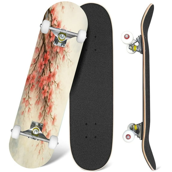 31'' Complete Skateboard 7 Layer Canadian Maple Double Kick Deck Skateboards Watercolor painting Hanging tree branches fragrant flowers Skate Board for Beginner Adult Gifts