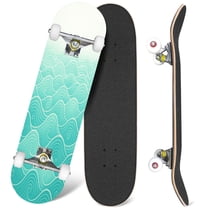 31'' Complete Skateboard 7 Layer Canadian Maple Double Kick Deck Skateboards Waves border blue gradient wavy swirls white Skate Board for Beginner Adult Gifts