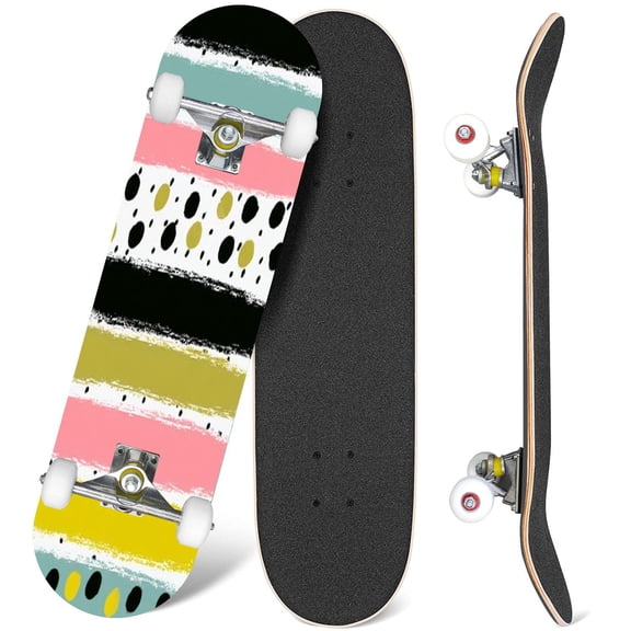 31'' Complete Skateboard 7 Layer Canadian Maple Double Kick Deck Skateboards abstract hand drawn striped geometric brush painted elements Skate Board for Beginner Adult Gifts