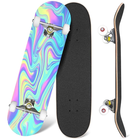 31'' Complete Skateboard 7 Layer Canadian Maple Double Kick Deck Skateboards abstract holographic iridescent psychedelic colorful Skate Board for Beginner Adult Gifts