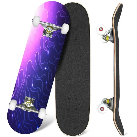 31'' Complete Skateboard 7 Layer Canadian Maple Double Kick Deck Skateboards abstract violet flame clip art Skate Board for Beginner Adult Gifts