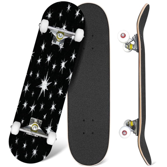 31'' Complete Skateboard 7 Layer Canadian Maple Double Kick Deck Skateboards beautiful hand drawn doodle stars black white Skate Board for Beginner Adult Gifts