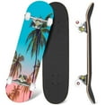 thumbnail image 1 of 31'' Complete Skateboard 7 Layer Canadian Maple Double Kick Deck Skateboards blue palm trees silhouette pink palm tree Skate Board for Beginner Adult Gifts, 1 of 5