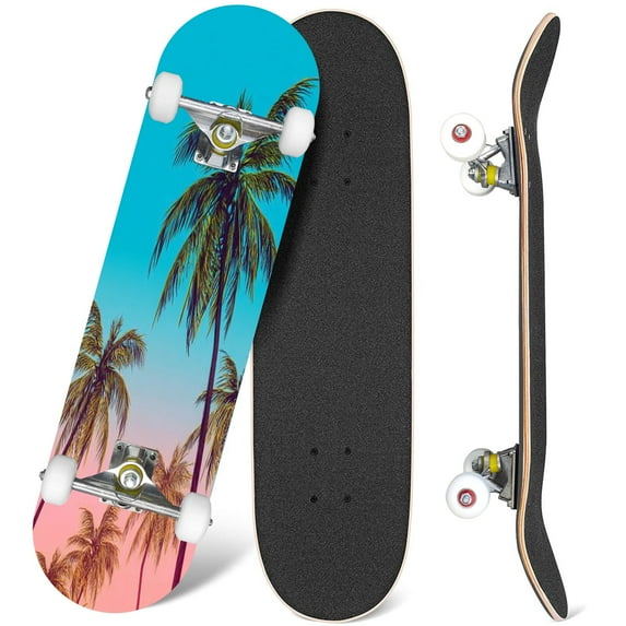 31'' Complete Skateboard 7 Layer Canadian Maple Double Kick Deck Skateboards blue palm trees silhouette pink palm tree Skate Board for Beginner Adult Gifts