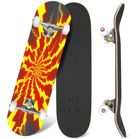 31'' Complete Skateboard 7 Layer Canadian Maple Double Kick Deck Skateboards bolt abstract geometric red yellow Skate Board for Beginner Adult Gifts