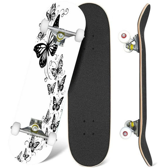31'' Complete Skateboard 7 Layer Canadian Maple Double Kick Deck Skateboards butterflies Skate Board for Beginner Adult Gifts