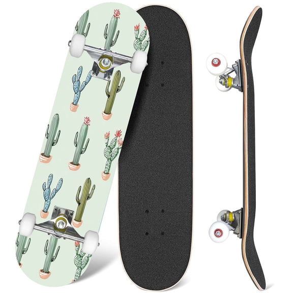 31'' Complete Skateboard 7 Layer Canadian Maple Double Kick Deck Skateboards cactus succulent Skate Board for Beginner Adult Gifts