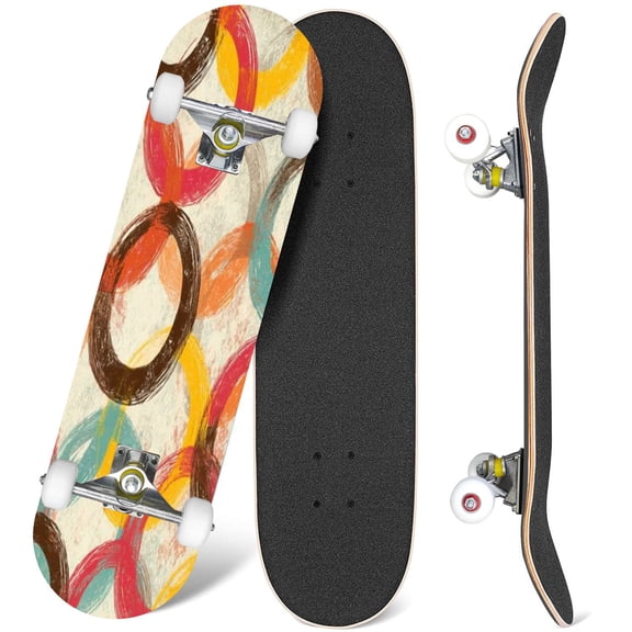 31'' Complete Skateboard 7 Layer Canadian Maple Double Kick Deck Skateboards circles grunge effect Skate Board for Beginner Adult Gifts