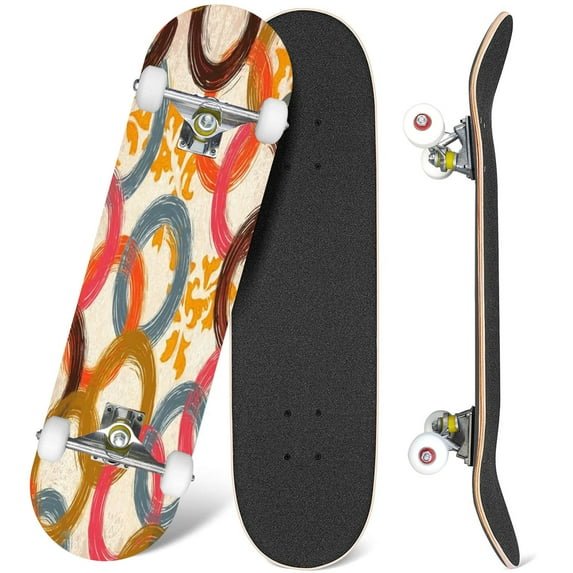 31'' Complete Skateboard 7 Layer Canadian Maple Double Kick Deck Skateboards circles grunge effect Skate Board for Beginner Adult Gifts