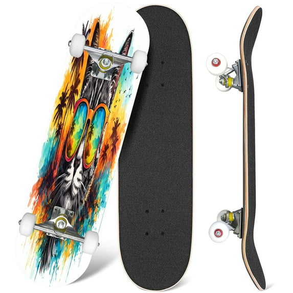 31'' Complete Skateboard 7 Layer Canadian Maple Double Kick Deck Skateboards colorfull cat face art Skate Board for Beginner Adult Gifts