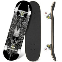 31'' Complete Skateboard 7 Layer Canadian Maple Double Kick Deck Skateboards This depicts skull head intricately detailed feathers extending into Skate Board for Beginner Adult Gifts