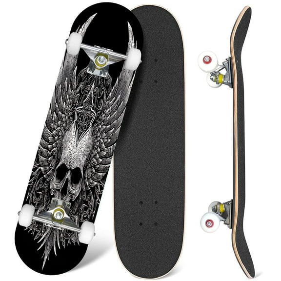 31'' Complete Skateboard 7 Layer Canadian Maple Double Kick Deck Skateboards This depicts skull head intricately detailed feathers extending into Skate Board for Beginner Adult Gifts