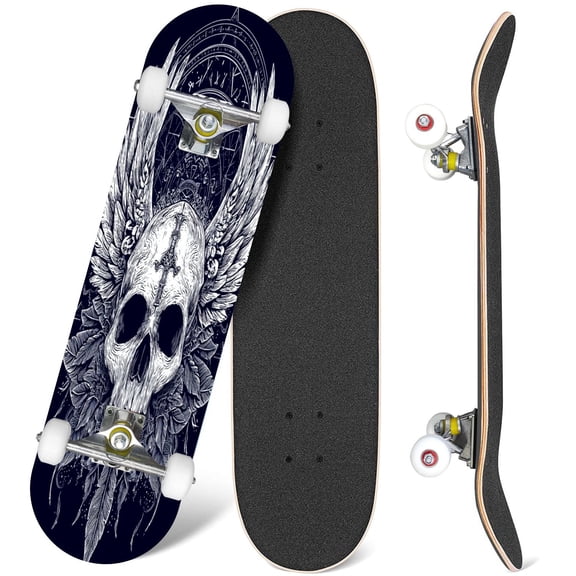 31'' Complete Skateboard 7 Layer Canadian Maple Double Kick Deck Skateboards This depicts skull head intricately detailed feathers extending into Skate Board for Beginner Adult Gifts