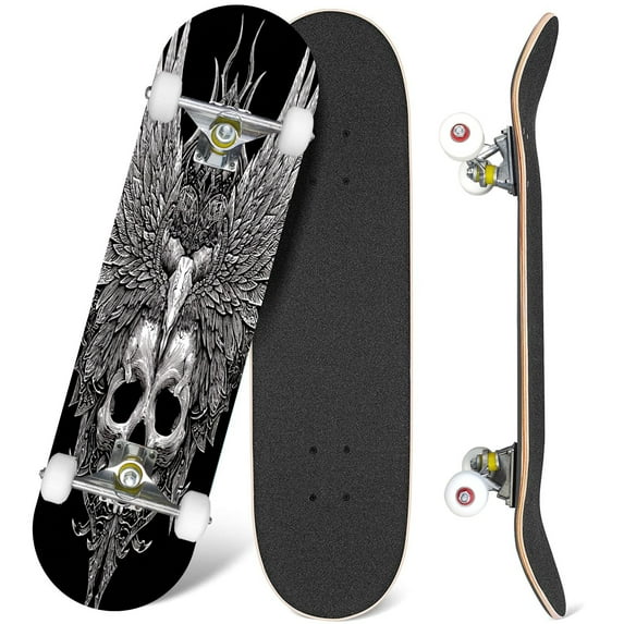 31'' Complete Skateboard 7 Layer Canadian Maple Double Kick Deck Skateboards This depicts skull head intricately detailed feathers extending into Skate Board for Beginner Adult Gifts