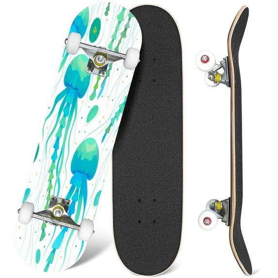31'' Complete Skateboard 7 Layer Canadian Maple Double Kick Deck Skateboards detailed transparent jellyfish Blue sea jelly white Skate Board for Beginner Adult Gifts