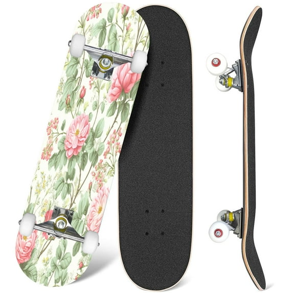 31'' Complete Skateboard 7 Layer Canadian Maple Double Kick Deck Skateboards floral roses white Skate Board for Beginner Adult Gifts