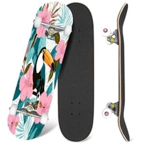 31'' Complete Skateboard 7 Layer Canadian Maple Double Kick Deck Skateboards floral tropical flowers leaves toucans Skate Board for Beginner Adult Gifts