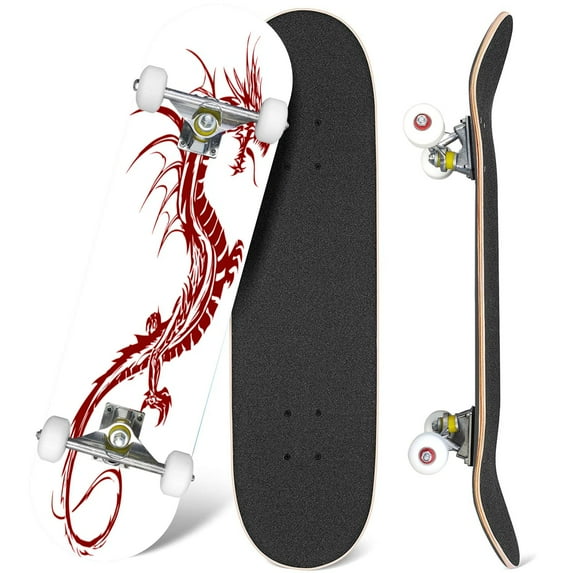 31'' Complete Skateboard 7 Layer Canadian Maple Double Kick Deck Skateboards graphic mythological dragon Skate Board for Beginner Adult Gifts