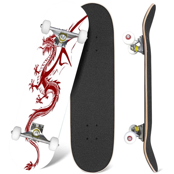 31'' Complete Skateboard 7 Layer Canadian Maple Double Kick Deck Skateboards graphic mythological dragon Skate Board for Beginner Adult Gifts
