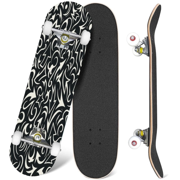 31'' Complete Skateboard 7 Layer Canadian Maple Double Kick Deck Skateboards graphical black white graffiti street wall art youth stylish Skate Board for Beginner Adult Gifts