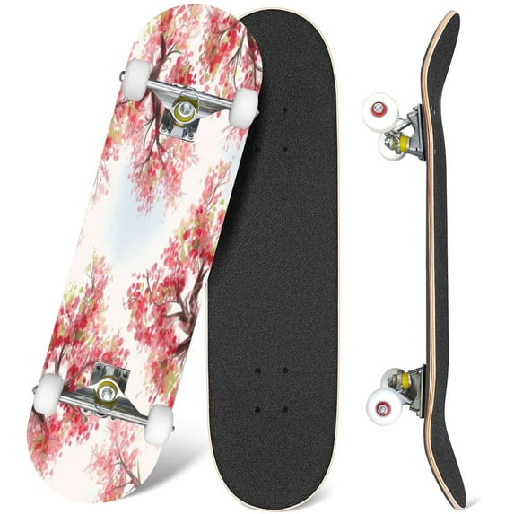 31'' Complete Skateboard 7 Layer Canadian Maple Double Kick Deck Skateboards japanese cherry blossom cherry flower watercolor Skate Board for Beginner Adult Gifts