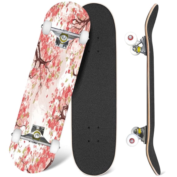 31'' Complete Skateboard 7 Layer Canadian Maple Double Kick Deck Skateboards japanese cherry blossom cherry flower watercolor Skate Board for Beginner Adult Gifts