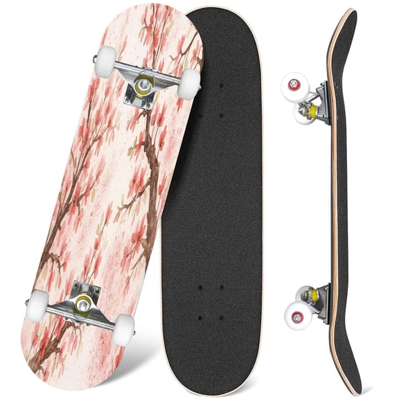 31'' Complete Skateboard 7 Layer Canadian Maple Double Kick Deck Skateboards japanese cherry blossom cherry flower watercolor Skate Board for Beginner Adult Gifts