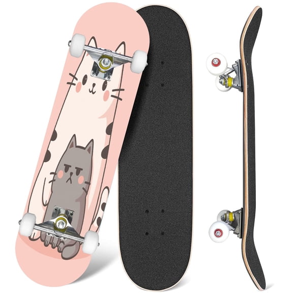 31'' Complete Skateboard 7 Layer Canadian Maple Double Kick Deck Skateboards kawaii cute fat white cat pink anime Skate Board for Beginner Adult Gifts