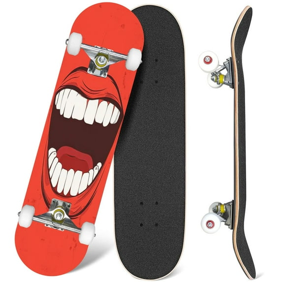 31'' Complete Skateboard 7 Layer Canadian Maple Double Kick Deck Skateboards mouth red Skate Board for Beginner Adult Gifts