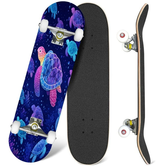 31'' Complete Skateboard 7 Layer Canadian Maple Double Kick Deck Skateboards print pink purple blue turtles dark Skate Board for Beginner Adult Gifts