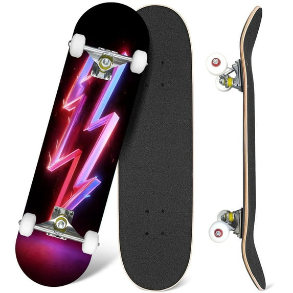 31'' Complete Skateboard 7 Layer Canadian Maple Double Kick Deck Skateboards red lightnings electric power symbol retro neon glowing sign Skate Board for Beginner Adult Gifts